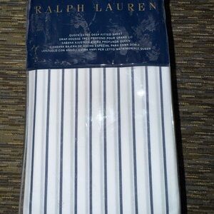 Ralph Lauren Prescott Queen Deep Fitted Sheet Navy and White Striped NIP